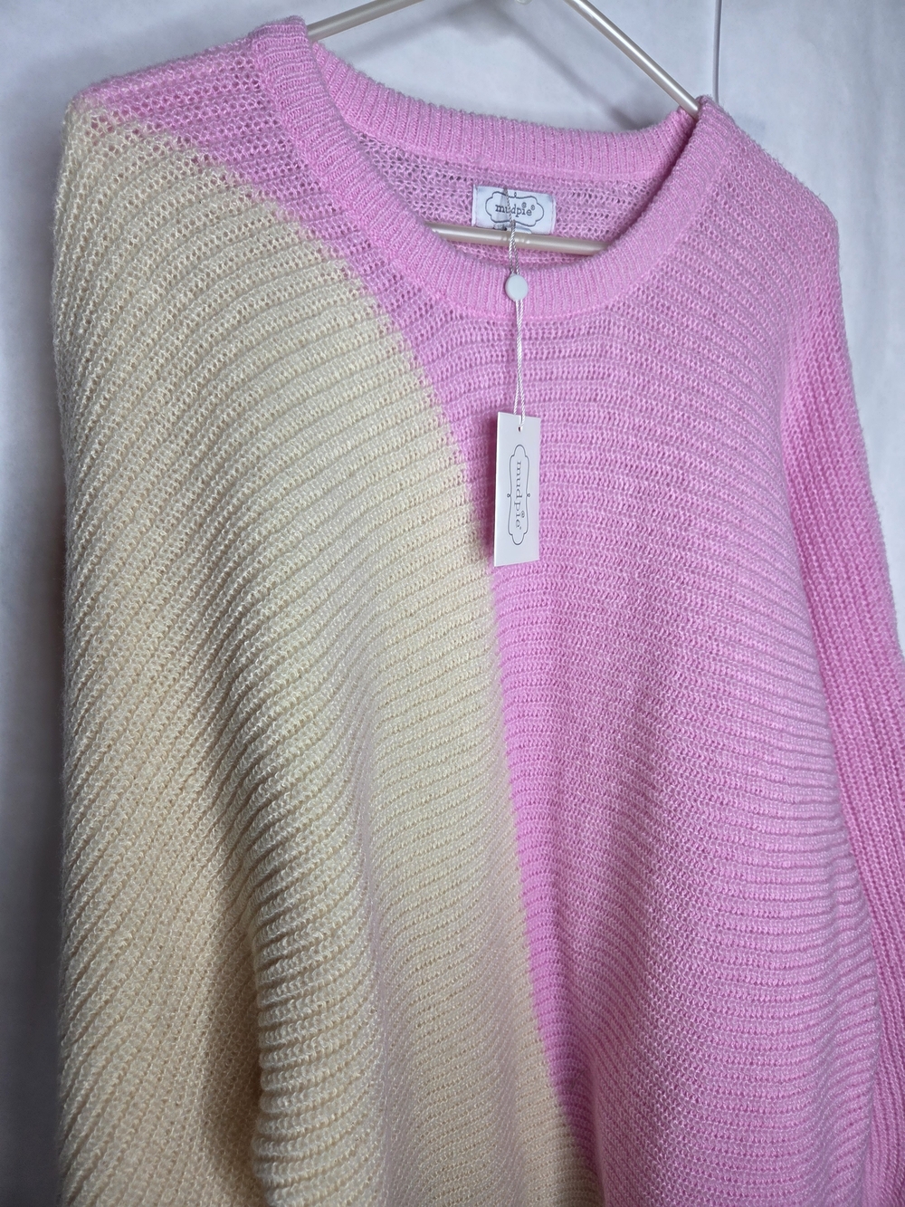 Mud Pie Two-Tone Pink and Cream Crewneck Sweater - Picture 4 of 9